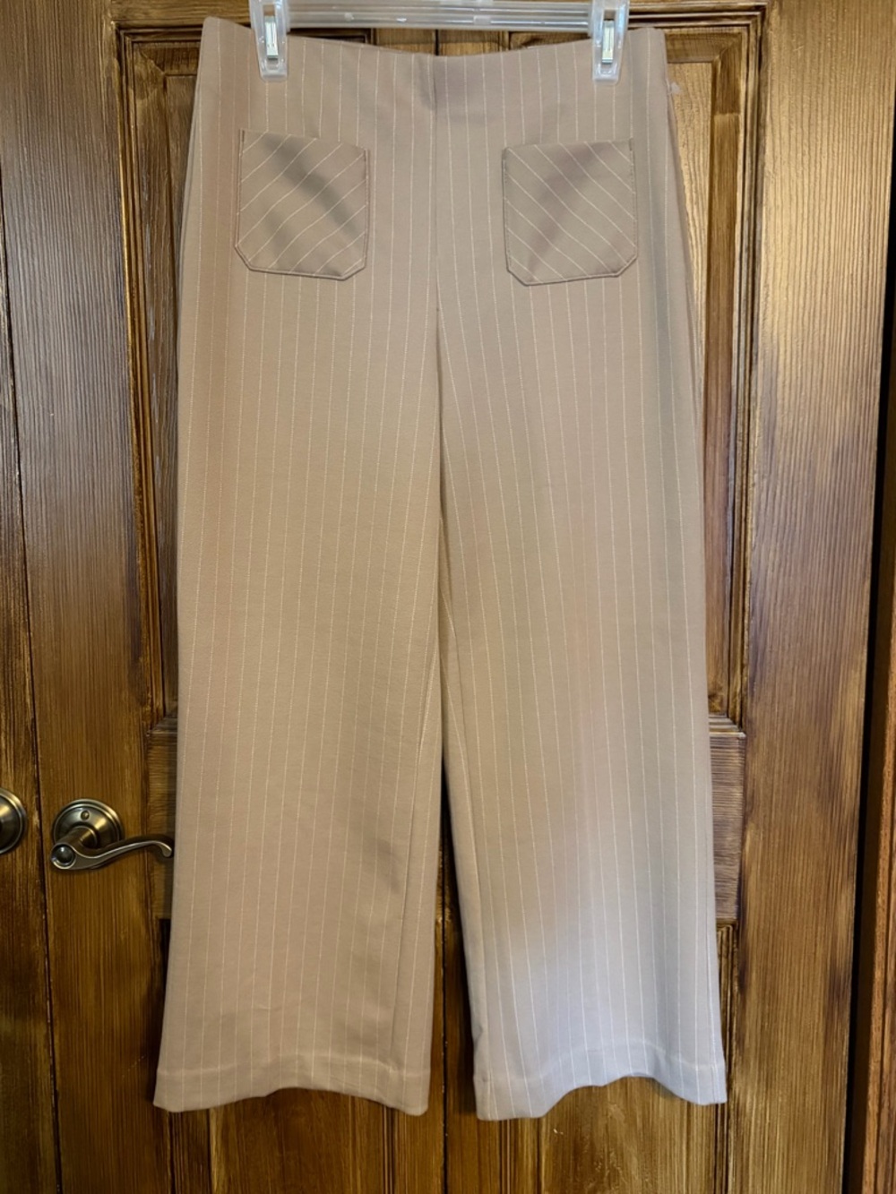 Meg & Margot  Pull On Wide Leg Cropped Pinstripe Pants in Taupe